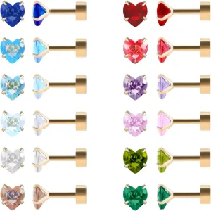 12 Pairs Flat Back Stud Earrings for Women, Screw Back Surgical Stainless Steel Stud Earrings, 18K Gold Plated Silver Heart Star Round Cubic Zirconia CZ Birthstone Stud Earrings Set