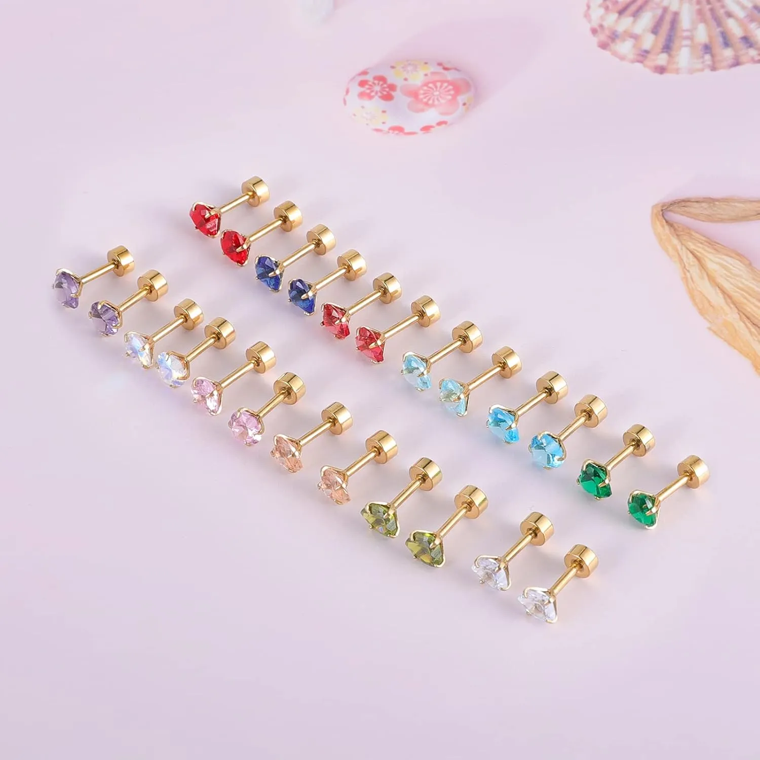 12 Pairs Flat Back Stud Earrings for Women, Screw Back Surgical Stainless Steel Stud Earrings, 18K Gold Plated Silver Heart Star Round Cubic Zirconia CZ Birthstone Stud Earrings Set
