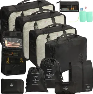 12PCS Packing Cubes for Suitcases, Travel Luggage Organizer Bags, Suitcase Organizer Bags Set for Carry on Luggage Travel Essentials, Black