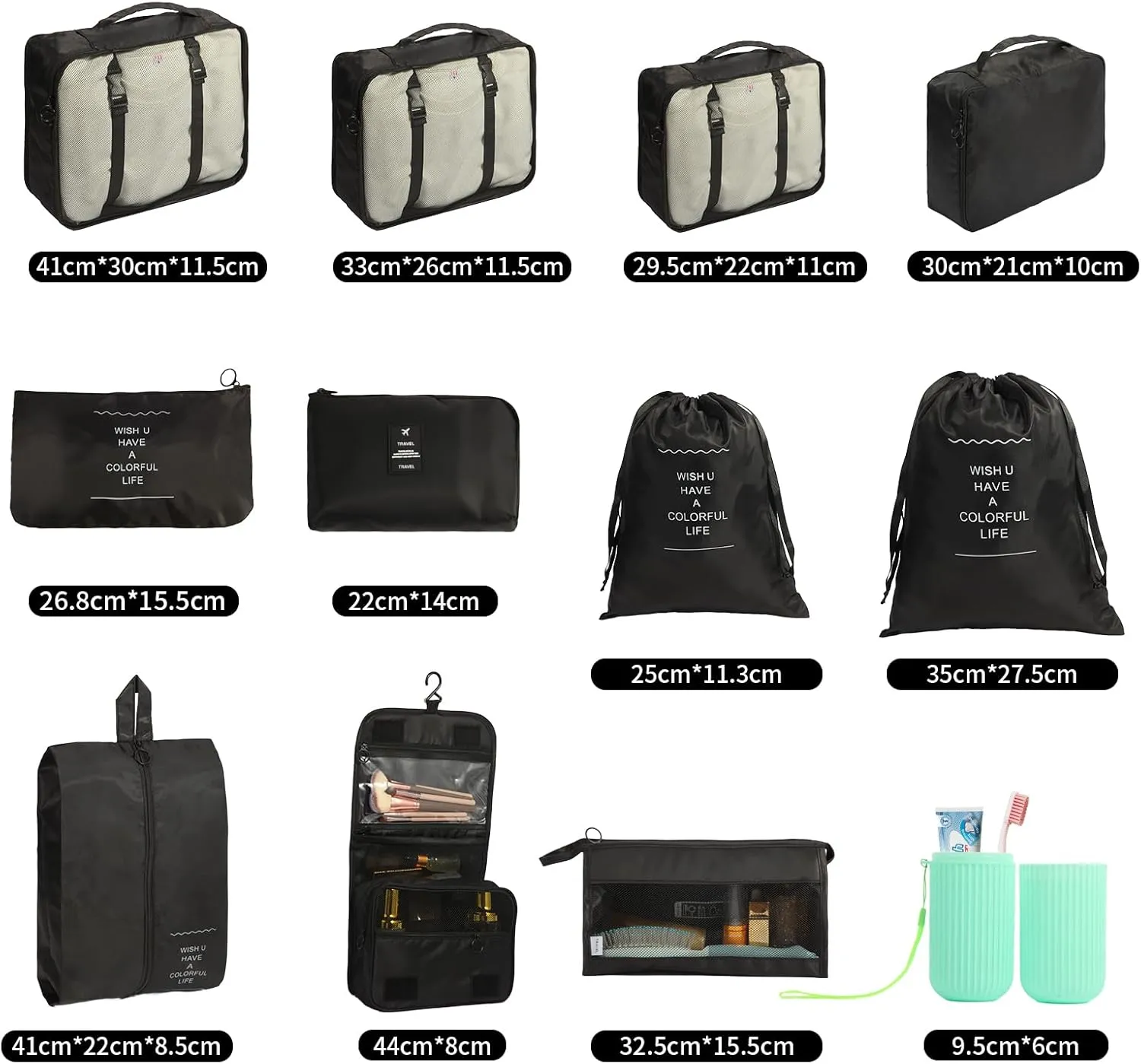 12PCS Packing Cubes for Suitcases, Travel Luggage Organizer Bags, Suitcase Organizer Bags Set for Carry on Luggage Travel Essentials, Black