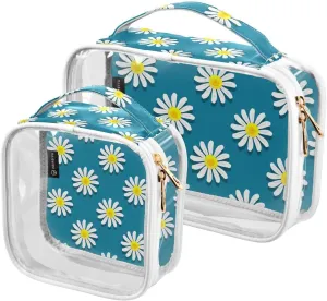 2 Pack Portable Travel Clear Cosmetic Toiletry Bags with Double Zippers for Men Women, Daisy Print Waterproof Storage Carry Pouch with Handle, Tote Bags for Bathroom Traveling Vacation Organizing