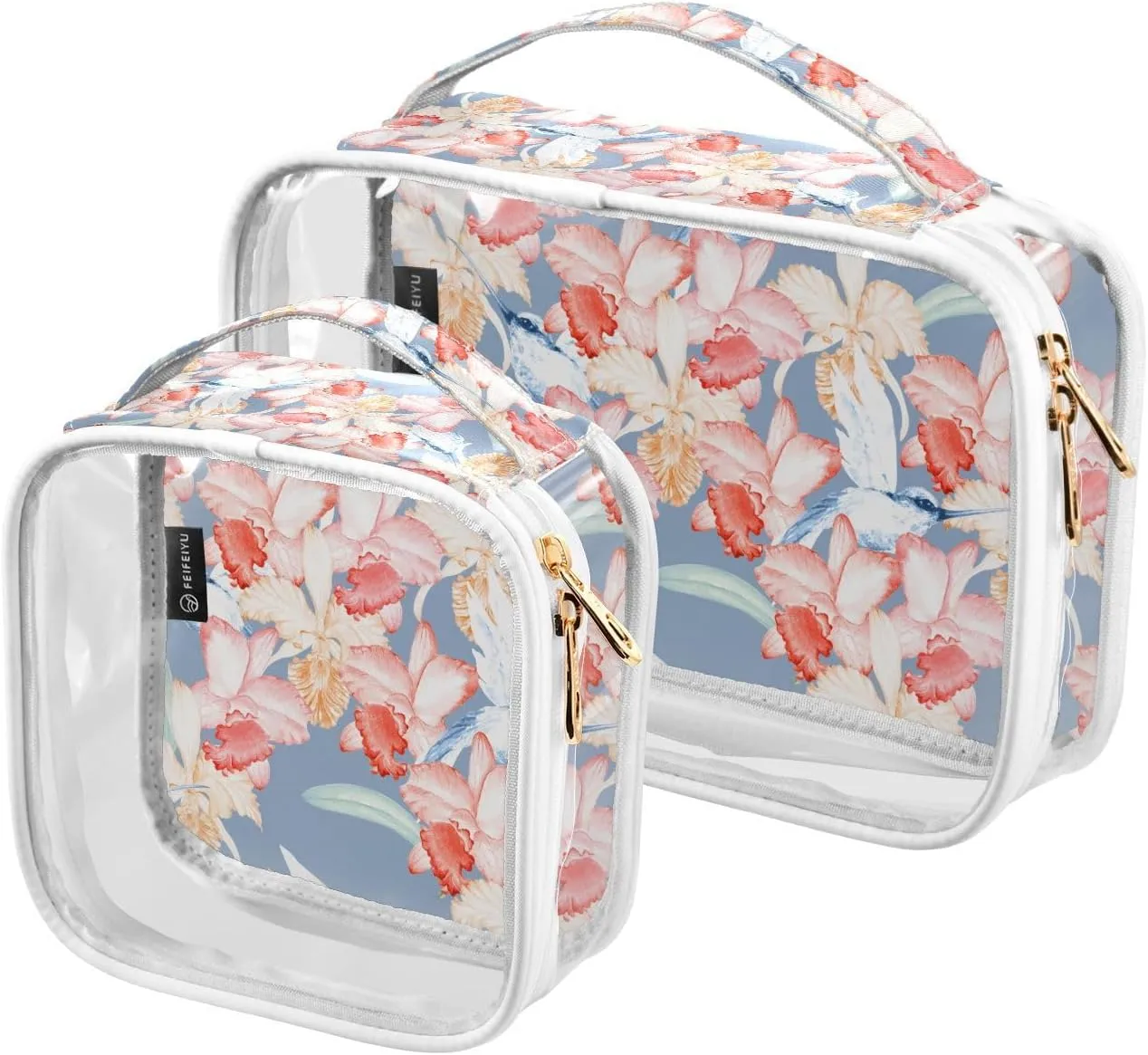 2 Pack Portable Travel Clear Cosmetic Toiletry Bags with Double Zippers for Men Women, Orchids-blooming-flowers Print Waterproof Storage Carry Pouch with Handle, Tote Bags for Bathroom Traveling Vaca