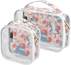 2 Pack Portable Travel Clear Cosmetic Toiletry Bags with Double Zippers for Men Women, Orchids-blooming-flowers Print Waterproof Storage Carry Pouch with Handle, Tote Bags for Bathroom Traveling Vaca