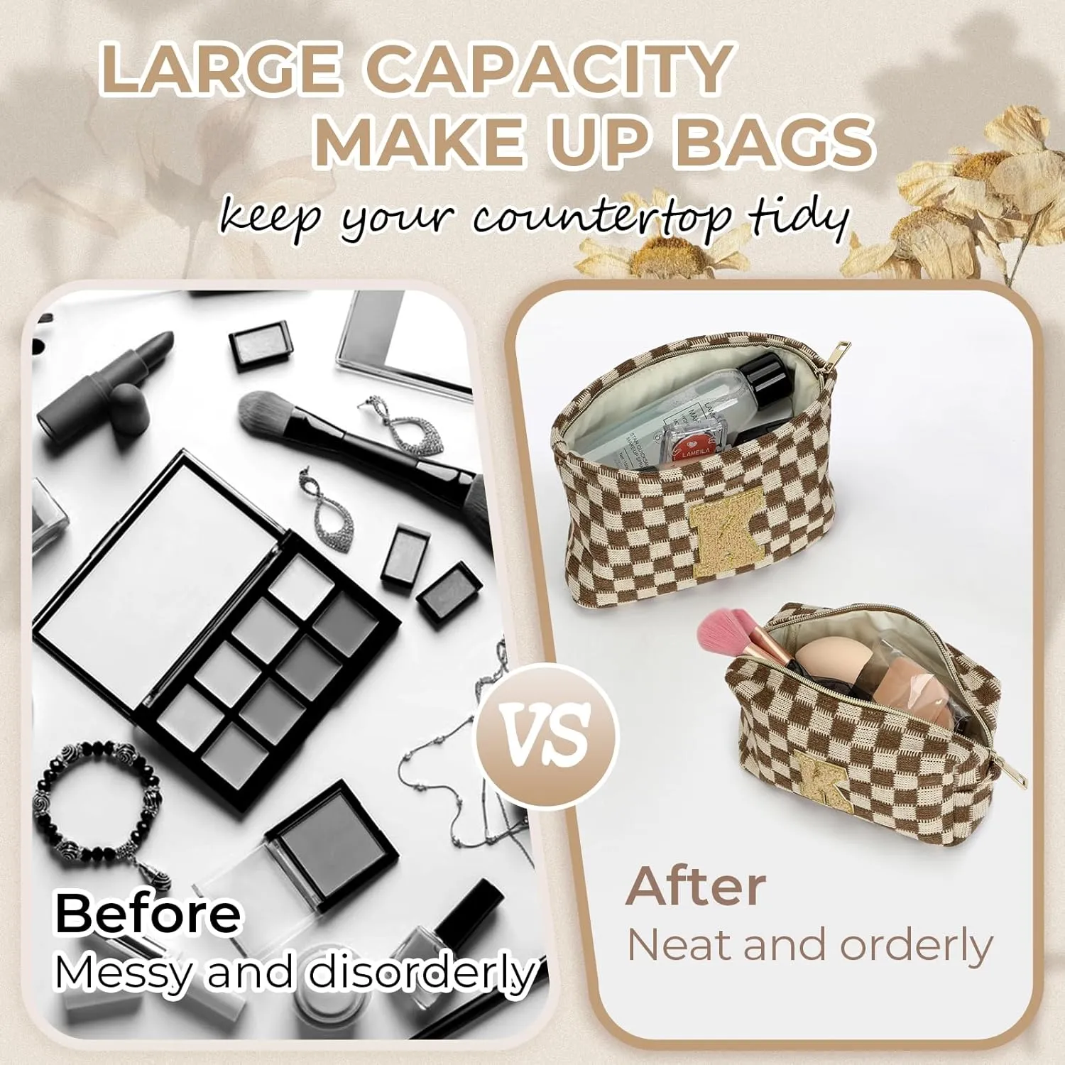 2 Pieces Checkered Makeup Bag Personalized Initial Makeup Bag Large Capacity Travel Make Up Bag with Cute Pouch Graduation Gifts Birthday Wedding Gifts for Women (Brown-A)
