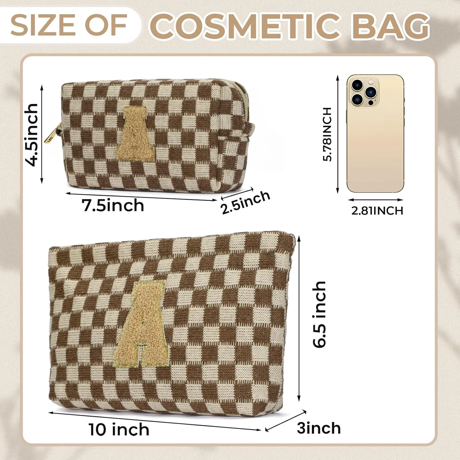 2 Pieces Checkered Makeup Bag Personalized Initial Makeup Bag Large Capacity Travel Make Up Bag with Cute Pouch Graduation Gifts Birthday Wedding Gifts for Women (Brown-A)