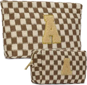 2 Pieces Checkered Makeup Bag Personalized Initial Makeup Bag Large Capacity Travel Make Up Bag with Cute Pouch Graduation Gifts Birthday Wedding Gifts for Women (Brown-A)