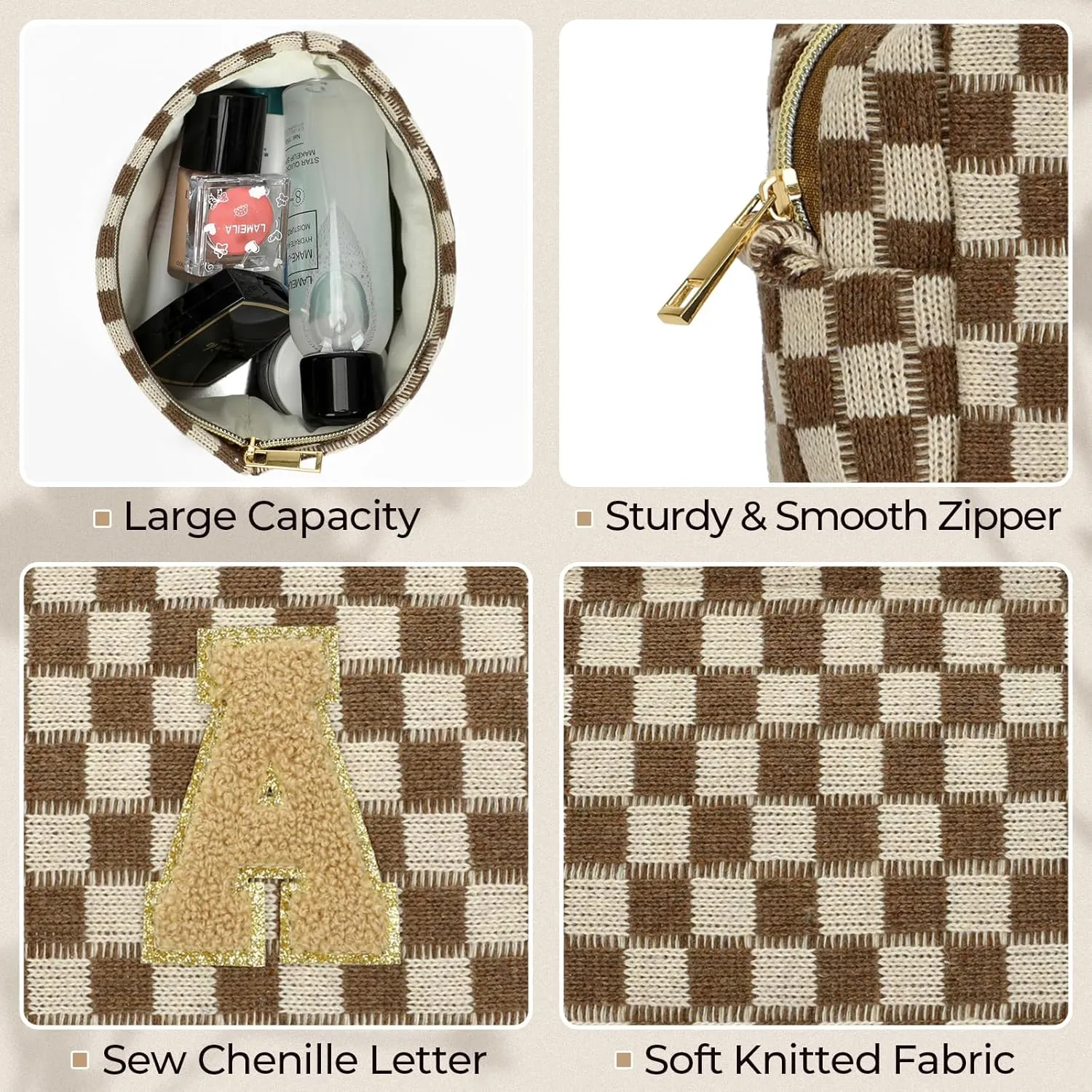 2 Pieces Checkered Makeup Bag Personalized Initial Makeup Bag Large Capacity Travel Make Up Bag with Cute Pouch Graduation Gifts Birthday Wedding Gifts for Women (Brown-A)