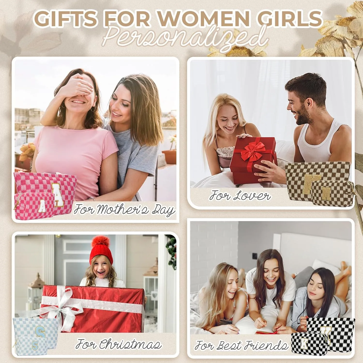 2 Pieces Checkered Makeup Bag Personalized Initial Makeup Bag Large Capacity Travel Make Up Bag with Cute Pouch Graduation Gifts Birthday Wedding Gifts for Women (Brown-A)