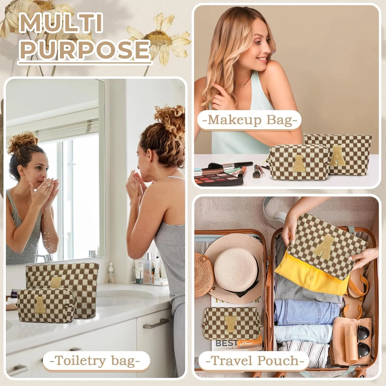 2 Pieces Checkered Makeup Bag Personalized Initial Makeup Bag Large Capacity Travel Make Up Bag with Cute Pouch Graduation Gifts Birthday Wedding Gifts for Women (Brown-A)