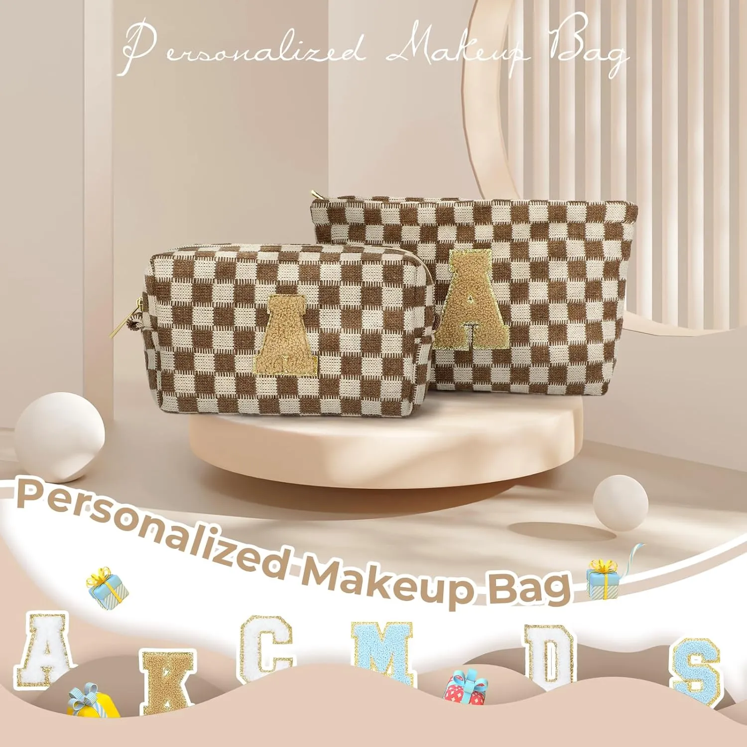 2 Pieces Checkered Makeup Bag Personalized Initial Makeup Bag Large Capacity Travel Make Up Bag with Cute Pouch Graduation Gifts Birthday Wedding Gifts for Women (Brown-A)