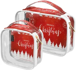 2 Pieces Large Clear Travel Toiletry Bag with Zippers, PVC Waterproof Travel Organizer, Christmas-balls-print Plastic Tote Bags.