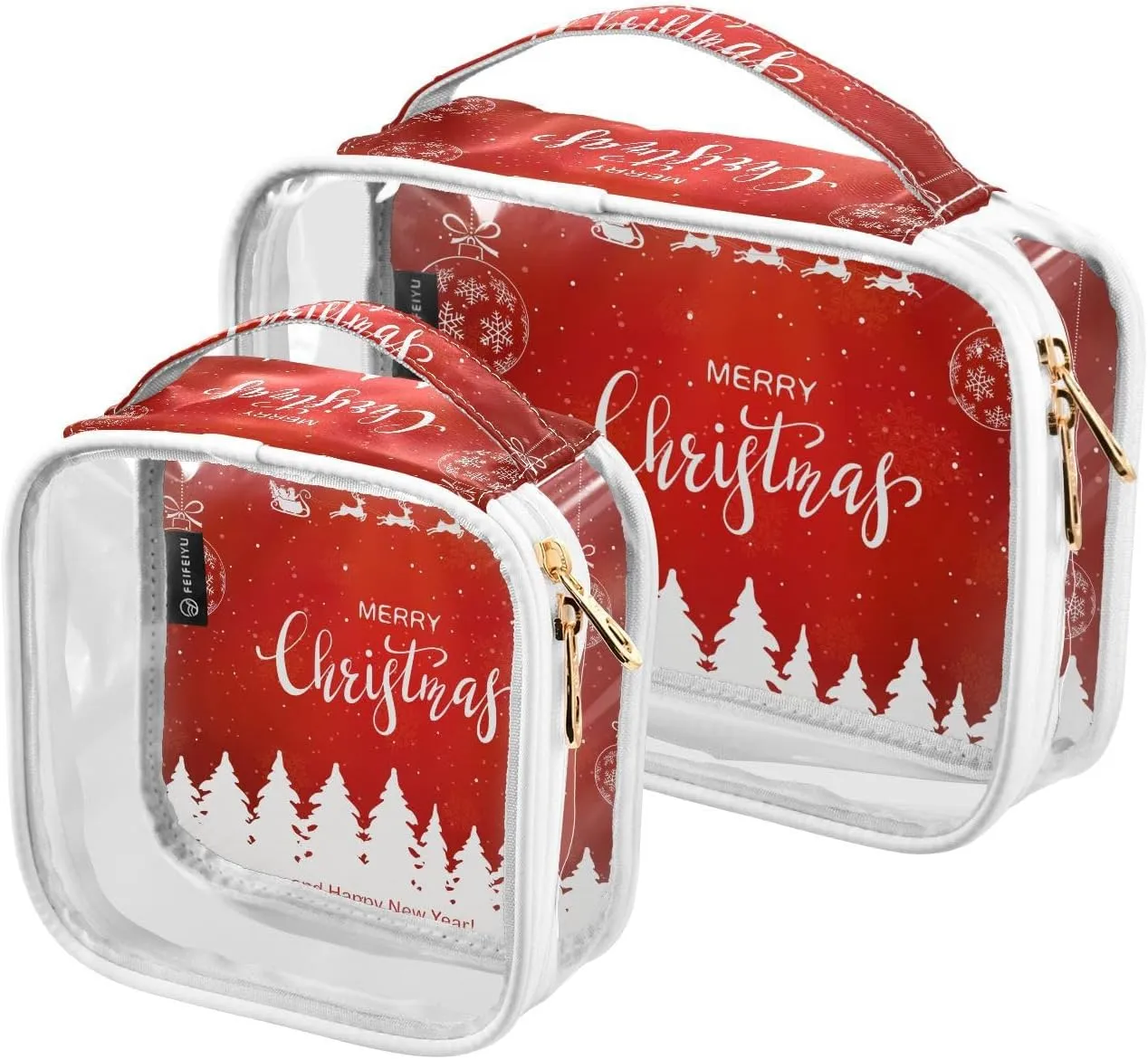 2 Pieces Large Clear Travel Toiletry Bag with Zippers, PVC Waterproof Travel Organizer, Christmas-balls-print Plastic Tote Bags.