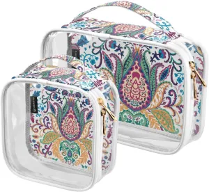 2 Pieces Large Clear Travel Toiletry Bag with Zippers, PVC Waterproof Travel Organizer, Floral-lotus-flowers-print Plastic Tote Bags.