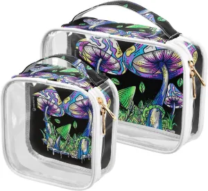 2 Pieces Large Clear Travel Toiletry Bag with Zippers, PVC Waterproof Travel Organizer, Mushrooms-trippy-print Plastic Tote Bags.
