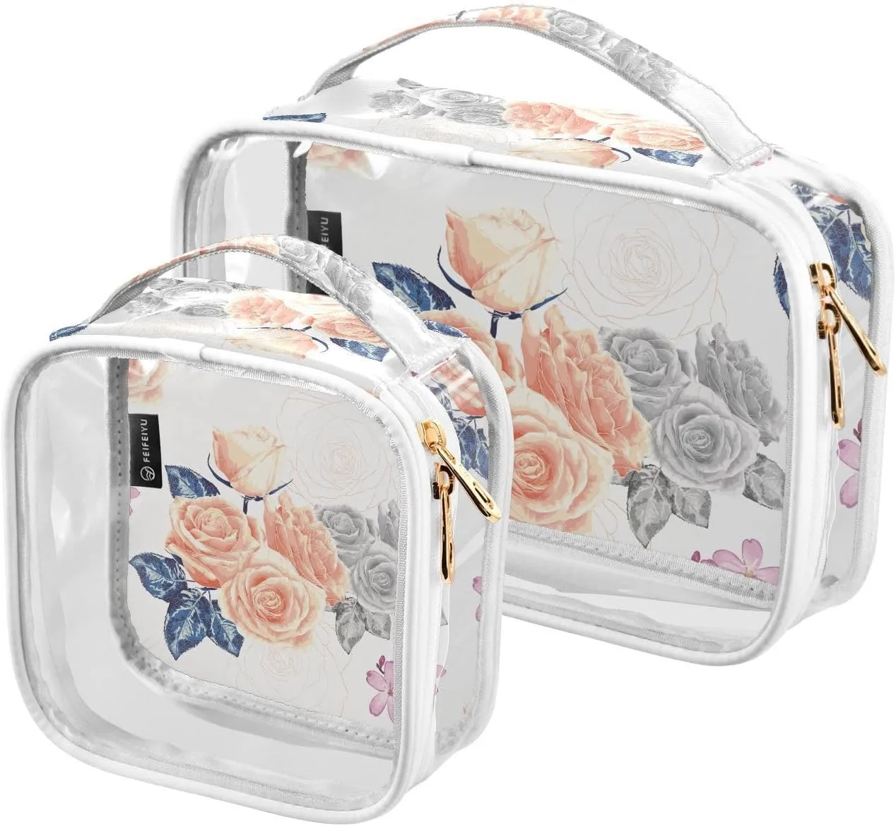 2 Pieces Large Clear Travel Toiletry Bag with Zippers, PVC Waterproof Travel Organizer, Pink-pastel-rose-flowers Plastic Tote Bags.