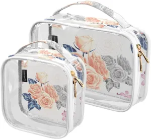 2 Pieces Large Clear Travel Toiletry Bag with Zippers, PVC Waterproof Travel Organizer, Pink-pastel-rose-flowers Plastic Tote Bags.
