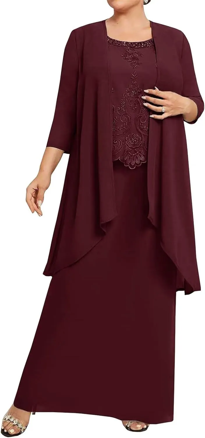 2 Pieces Mother of The Bride Dresses with Jacket 3/4 Sleeve Laces Appliques Mother of The Groom Dresses for Wedding