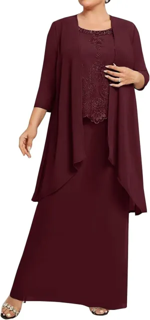 2 Pieces Mother of The Bride Dresses with Jacket 3/4 Sleeve Laces Appliques Mother of The Groom Dresses for Wedding