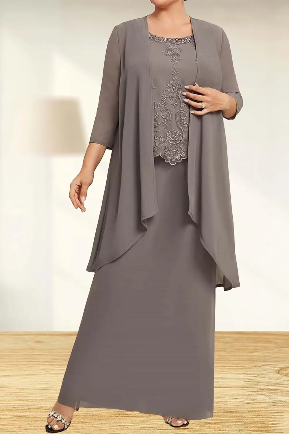 2 Pieces Mother of The Bride Dresses with Jacket 3/4 Sleeve Laces Appliques Mother of The Groom Dresses for Wedding