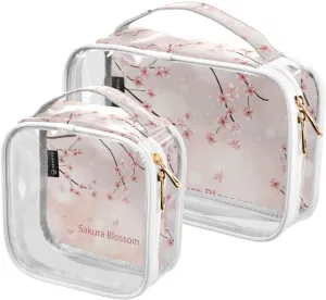 2 Pieces Portable Clear Large Makeup Bag, PVC Waterproof Travel Organizer for Men Women, Cherry-blossom-print Toiletry Bags with Gold Zippers.
