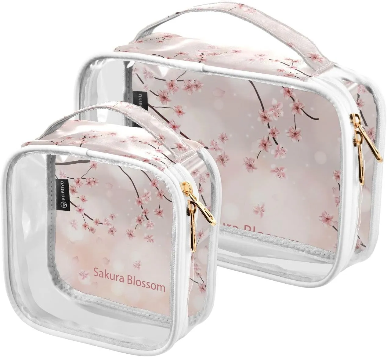 2 Pieces Portable Clear Large Makeup Bag, PVC Waterproof Travel Organizer for Men Women, Cherry-blossom-print Toiletry Bags with Gold Zippers.