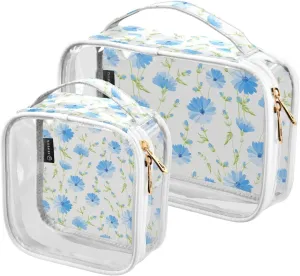 2 Pieces Portable Clear Large Makeup Bag, PVC Waterproof Travel Organizer for Men Women, Floral-pattern-chicory-white Toiletry Bags with Gold Zippers.
