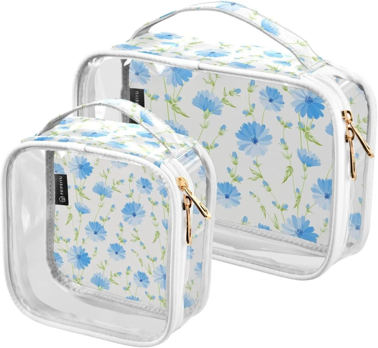 2 Pieces Portable Clear Large Makeup Bag, PVC Waterproof Travel Organizer for Men Women, Floral-pattern-chicory-white Toiletry Bags with Gold Zippers.