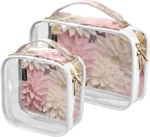 2 Pieces Portable Clear Large Makeup Bag, PVC Waterproof Travel Organizer for Men Women, Paper-flowers Pattern Toiletry Bags with Gold Zippers.