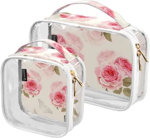 2 Pieces Portable Clear Large Makeup Bag, PVC Waterproof Travel Organizer for Men Women, Vintage-pink-roses Toiletry Bags with Gold Zippers.
