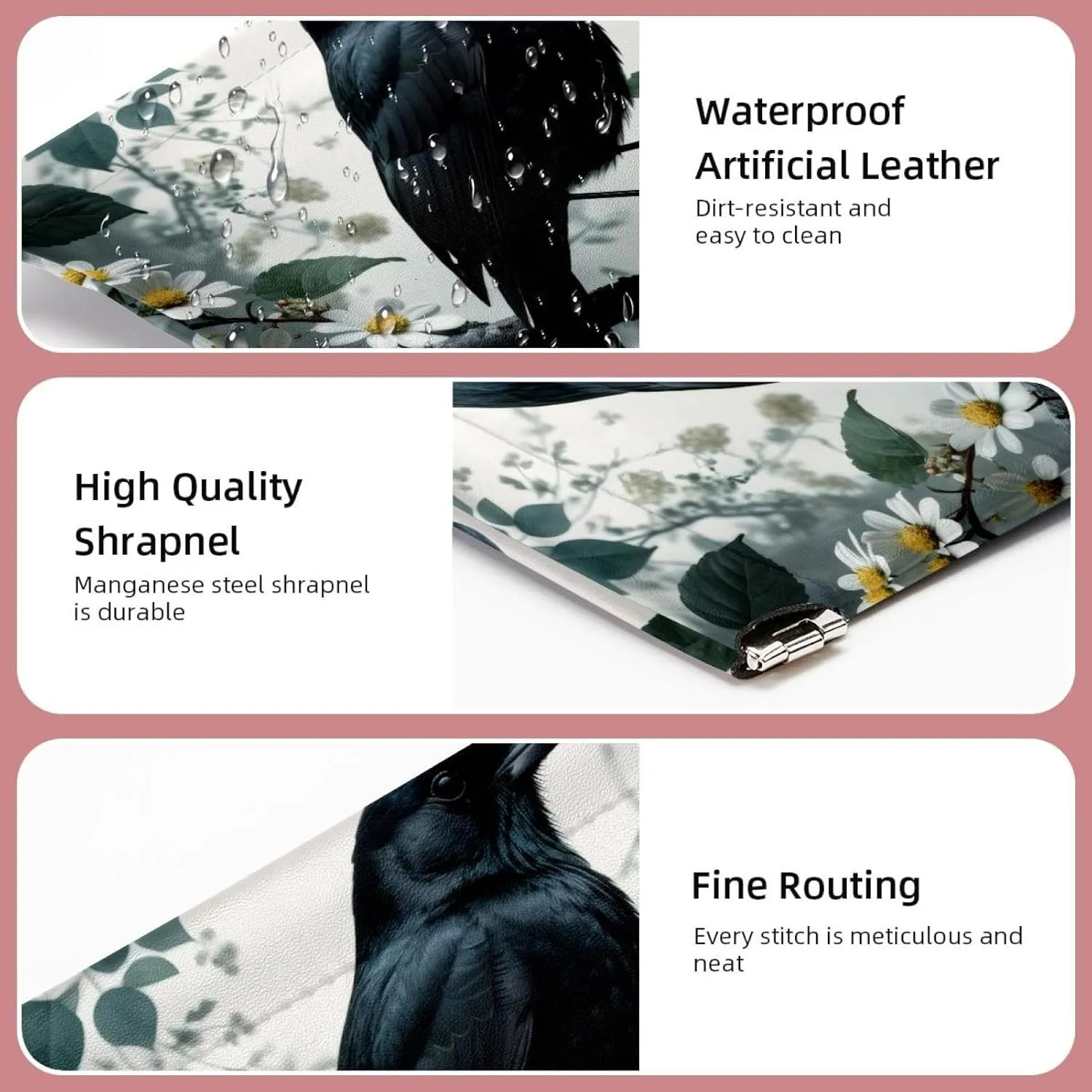 2Pcs Pocket Cosmetic Bag for Purses, Leather Small Makeup Bag Cosmetic Pouch, Portable No Zipper Makeup Pouch Coin Purse Jewelry Pouch, Black Bird