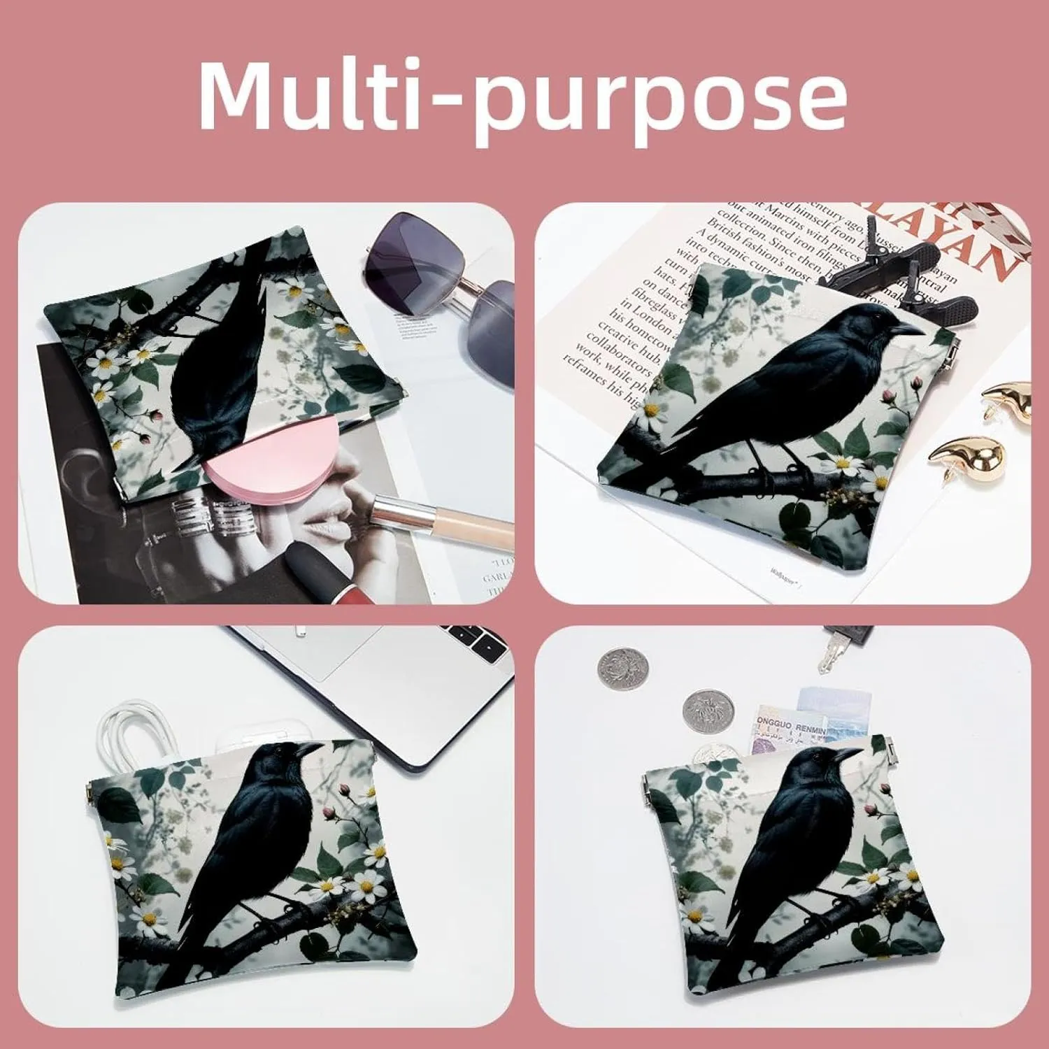 2Pcs Pocket Cosmetic Bag for Purses, Leather Small Makeup Bag Cosmetic Pouch, Portable No Zipper Makeup Pouch Coin Purse Jewelry Pouch, Black Bird