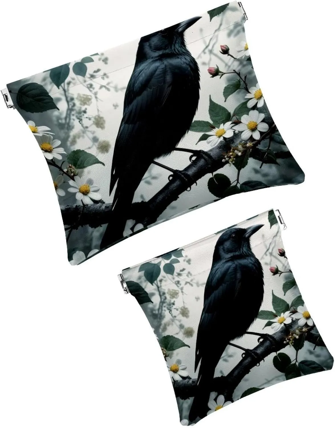 2Pcs Pocket Cosmetic Bag for Purses, Leather Small Makeup Bag Cosmetic Pouch, Portable No Zipper Makeup Pouch Coin Purse Jewelry Pouch, Black Bird