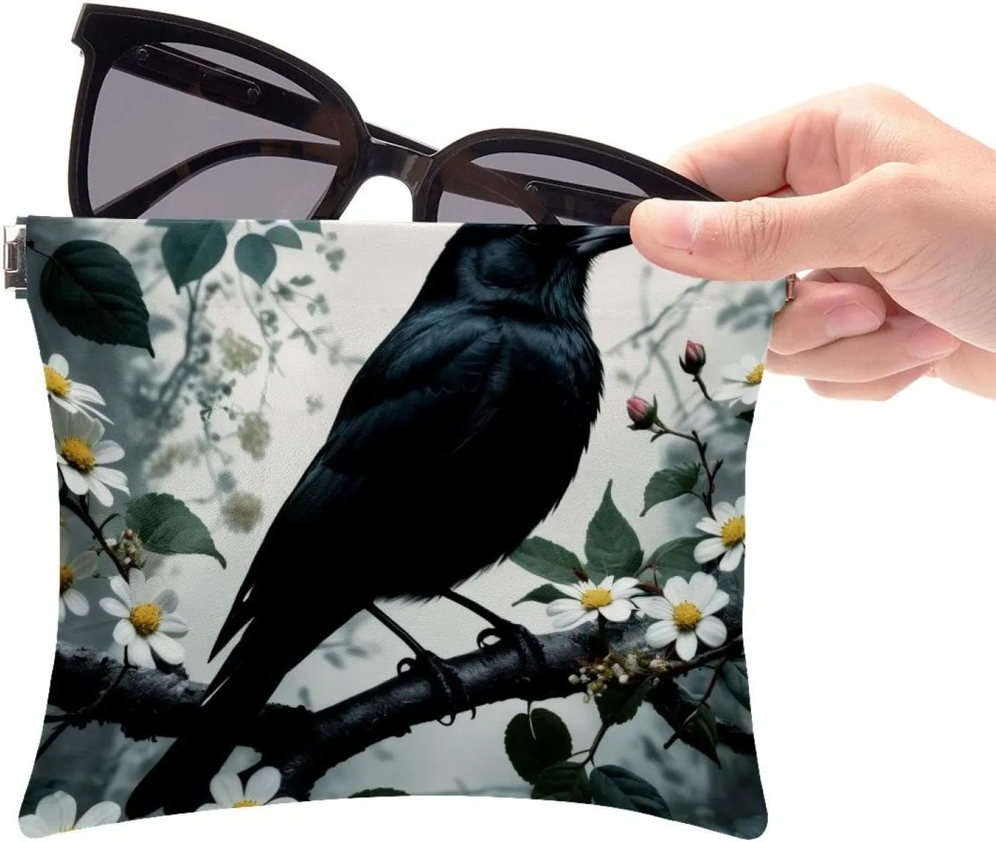 2Pcs Pocket Cosmetic Bag for Purses, Leather Small Makeup Bag Cosmetic Pouch, Portable No Zipper Makeup Pouch Coin Purse Jewelry Pouch, Black Bird