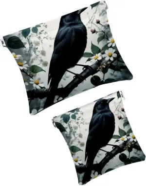 2Pcs Pocket Cosmetic Bag for Purses, Leather Small Makeup Bag Cosmetic Pouch, Portable No Zipper Makeup Pouch Coin Purse Jewelry Pouch, Black Bird