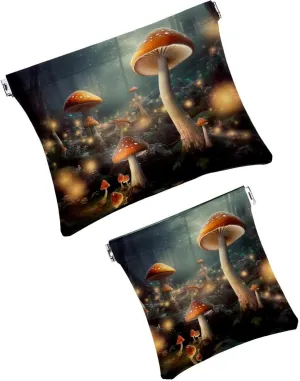 2Pcs Pocket Cosmetic Bag for Purses, Leather Small Makeup Bag Cosmetic Pouch, Portable No Zipper Makeup Pouch Coin Purse Jewelry Pouch, Mushroom Forest