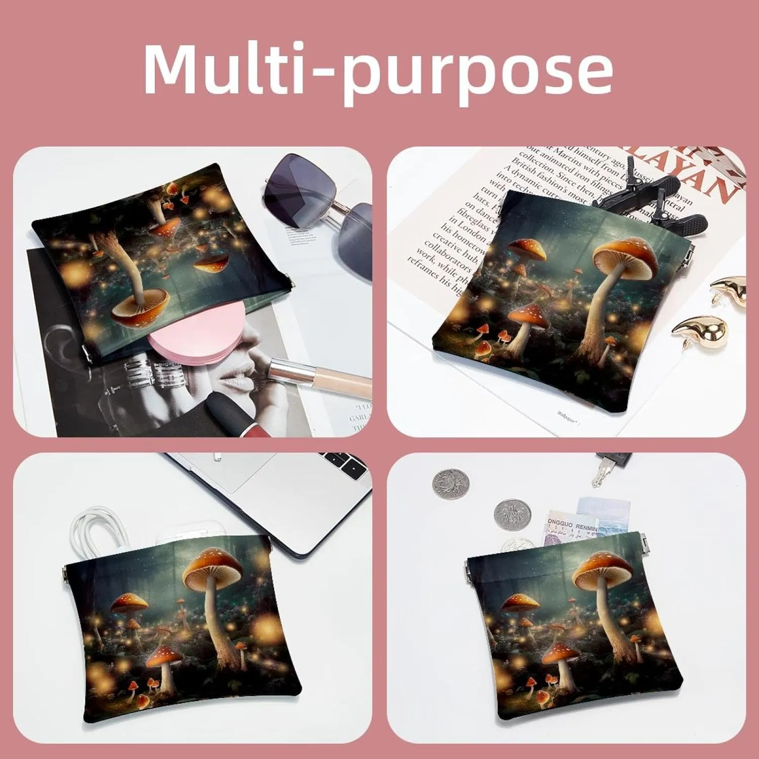 2Pcs Pocket Cosmetic Bag for Purses, Leather Small Makeup Bag Cosmetic Pouch, Portable No Zipper Makeup Pouch Coin Purse Jewelry Pouch, Mushroom Forest