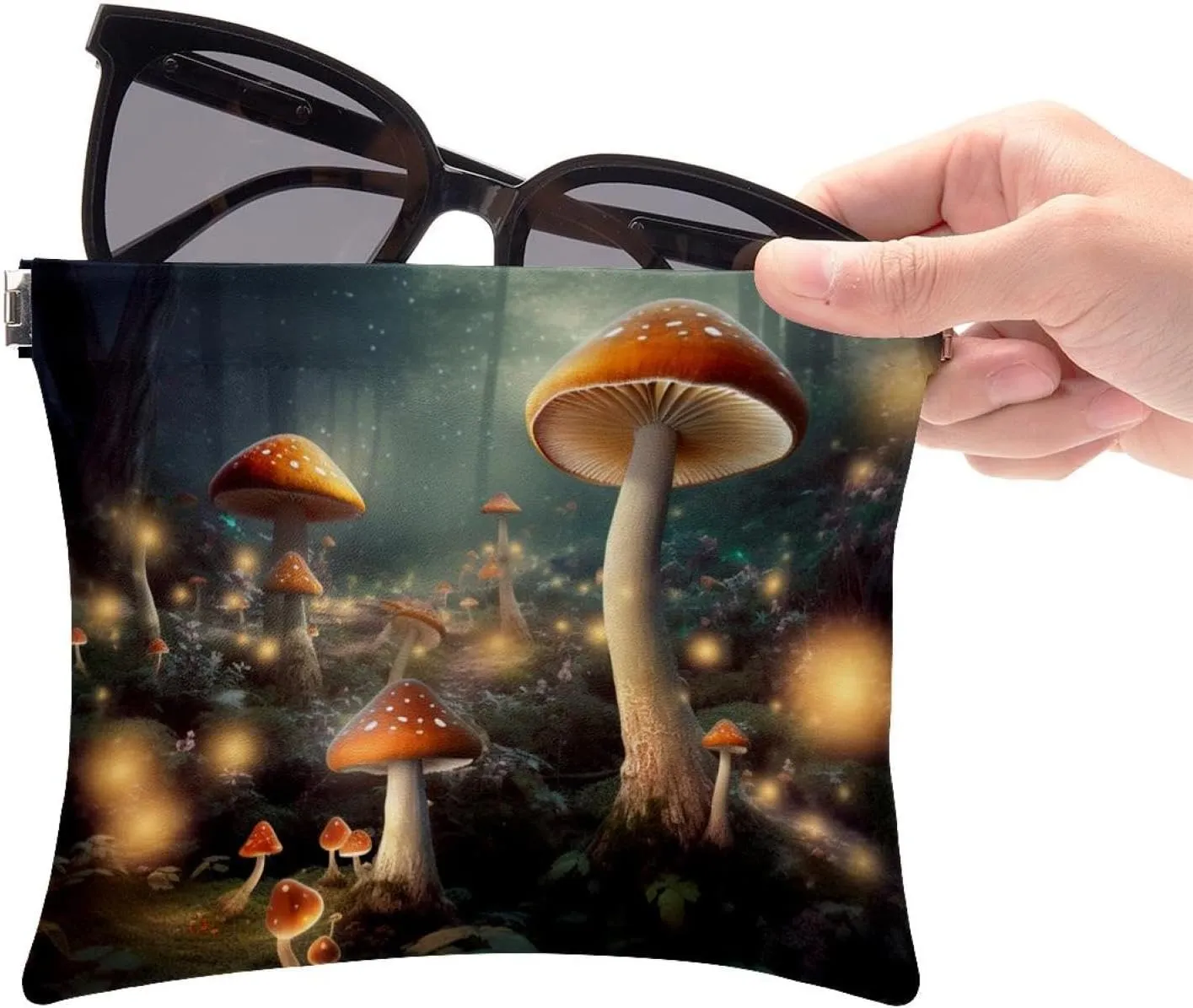 2Pcs Pocket Cosmetic Bag for Purses, Leather Small Makeup Bag Cosmetic Pouch, Portable No Zipper Makeup Pouch Coin Purse Jewelry Pouch, Mushroom Forest