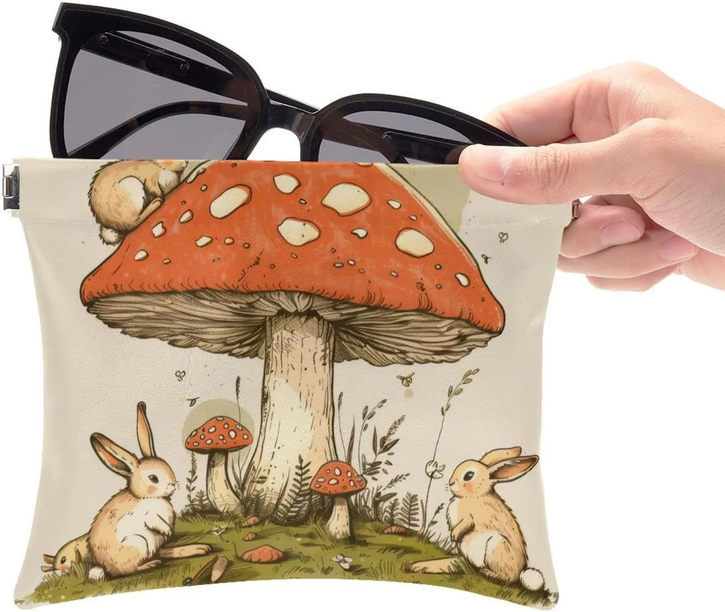 2Pcs Pocket Cosmetic Bag for Purses, Leather Small Makeup Bag Cosmetic Pouch, Portable No Zipper Makeup Pouch Coin Purse Jewelry Pouch, Mushroom Rabbits