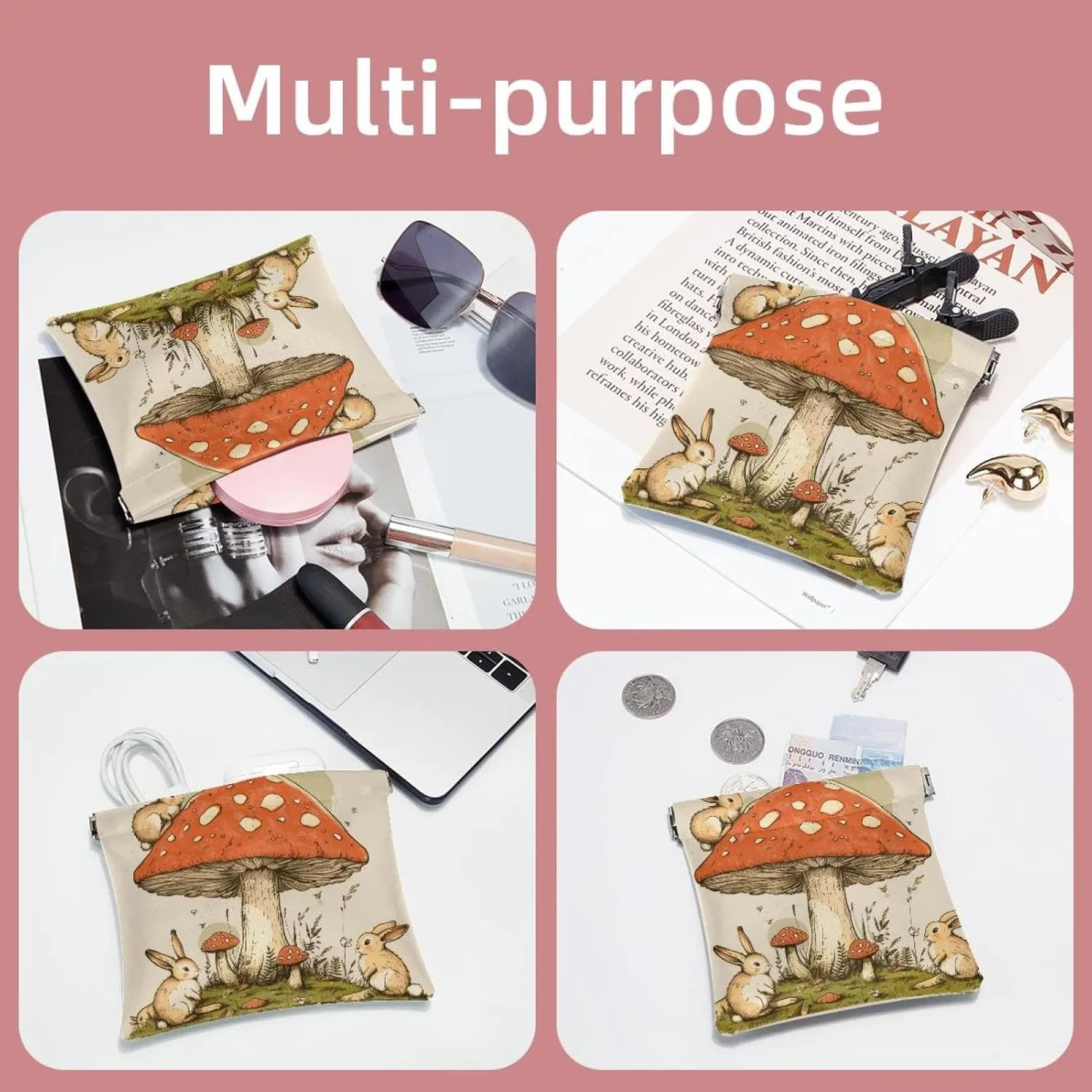 2Pcs Pocket Cosmetic Bag for Purses, Leather Small Makeup Bag Cosmetic Pouch, Portable No Zipper Makeup Pouch Coin Purse Jewelry Pouch, Mushroom Rabbits