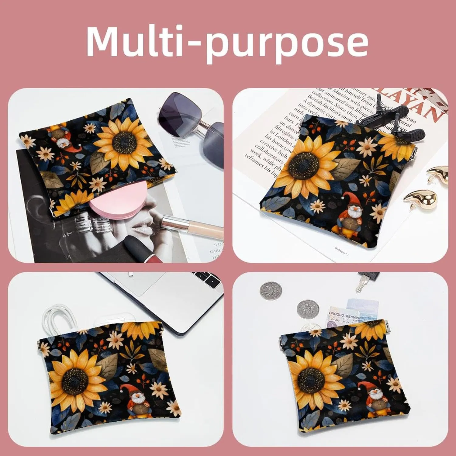 2Pcs Pocket Cosmetic Bag for Purses, Leather Small Makeup Bag Cosmetic Pouch, Portable No Zipper Makeup Pouch Coin Purse Jewelry Pouch, Sunflower Gnomes
