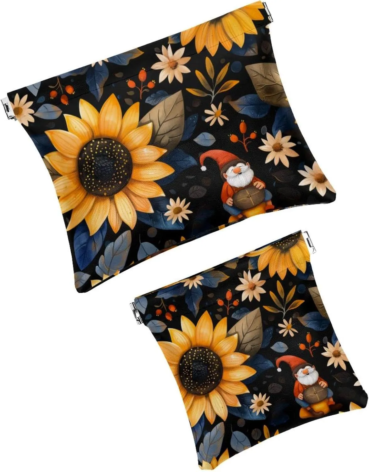 2Pcs Pocket Cosmetic Bag for Purses, Leather Small Makeup Bag Cosmetic Pouch, Portable No Zipper Makeup Pouch Coin Purse Jewelry Pouch, Sunflower Gnomes