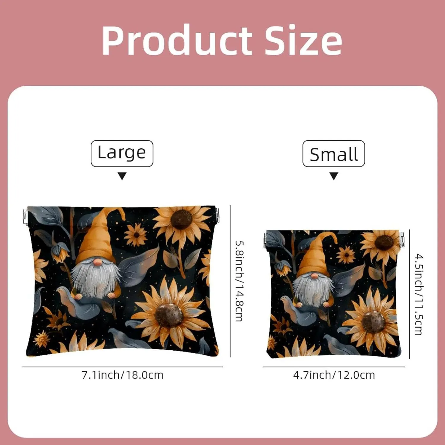 2Pcs Pocket Cosmetic Bag for Purses, Leather Small Makeup Bag Cosmetic Pouch, Portable No Zipper Makeup Pouch Coin Purse Jewelry Pouch, Sunflower Gnomes