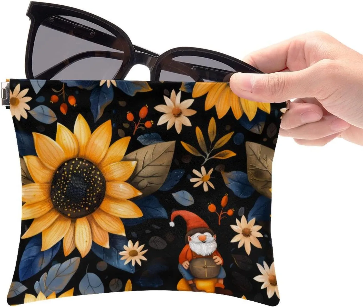 2Pcs Pocket Cosmetic Bag for Purses, Leather Small Makeup Bag Cosmetic Pouch, Portable No Zipper Makeup Pouch Coin Purse Jewelry Pouch, Sunflower Gnomes