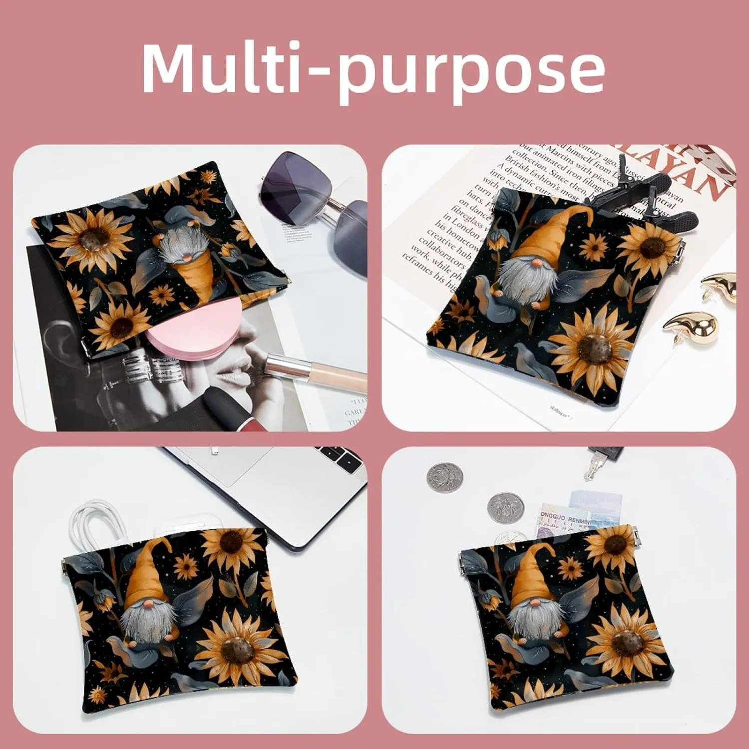 2Pcs Pocket Cosmetic Bag for Purses, Leather Small Makeup Bag Cosmetic Pouch, Portable No Zipper Makeup Pouch Coin Purse Jewelry Pouch, Sunflower Gnomes