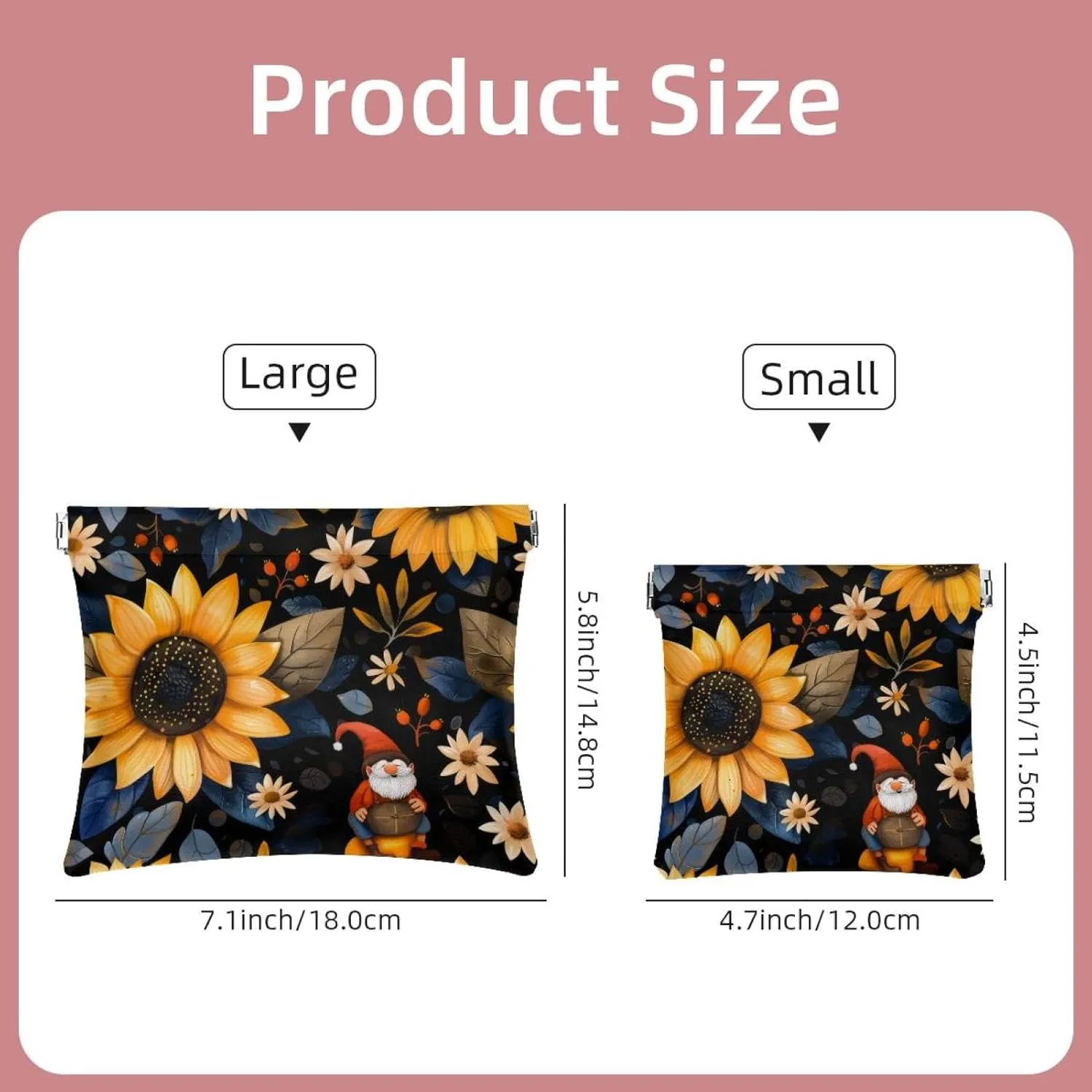 2Pcs Pocket Cosmetic Bag for Purses, Leather Small Makeup Bag Cosmetic Pouch, Portable No Zipper Makeup Pouch Coin Purse Jewelry Pouch, Sunflower Gnomes