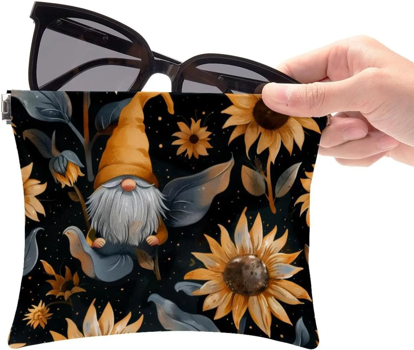 2Pcs Pocket Cosmetic Bag for Purses, Leather Small Makeup Bag Cosmetic Pouch, Portable No Zipper Makeup Pouch Coin Purse Jewelry Pouch, Sunflower Gnomes