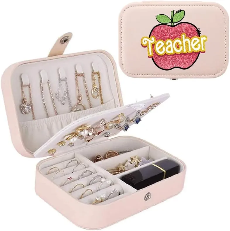3-In-1 Red Apple Canvas Tote Bag Grocery Reusable Handbags Jewelry Box and Makeup Bag Set For Teacher Gift