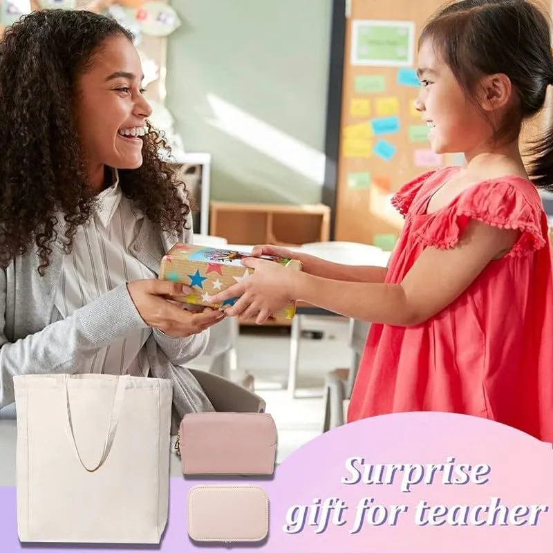 3-In-1 Red Apple Canvas Tote Bag Grocery Reusable Handbags Jewelry Box and Makeup Bag Set For Teacher Gift