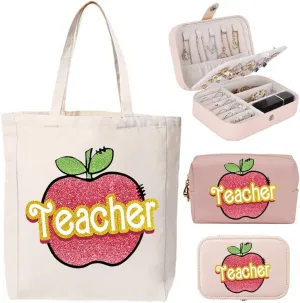 3-In-1 Red Apple Canvas Tote Bag Grocery Reusable Handbags Jewelry Box and Makeup Bag Set For Teacher Gift