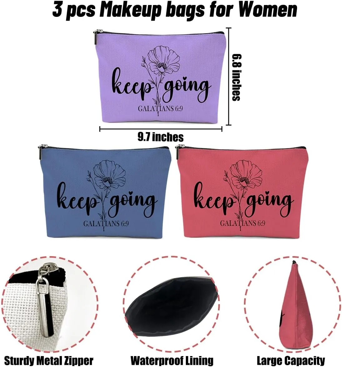 3 Pack Inspirational Christian Gifts Religious Gifts for Women Teachers Prayer Mom Makeup Bag,Travel Essentials Cosmetic Bags for Women,Girls Weekend Friendship Christmas Bible Religious Thank You